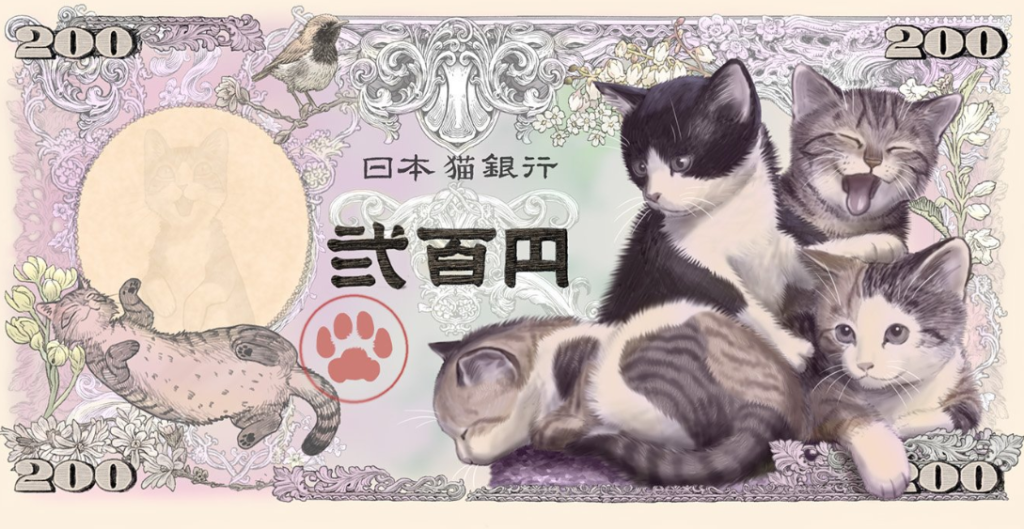 Tờ 200 yên với hình ảnh mèo con dễ thương của trang Ponkichi.