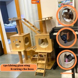 Nhà cho mèo ngủ và vui chơi bằng gỗ cao cấp AN TOÀN nhà mèo thiết kế 2 HỘC siêu xinh cho nhiều bé mèo CH013 (3)