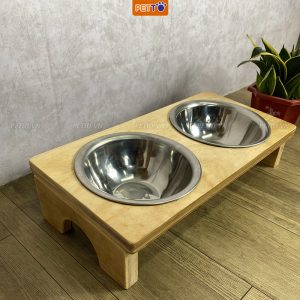 Bát ăn đôi cao cấp cho chó mèo bằng gỗ + chén Inox BFD032
