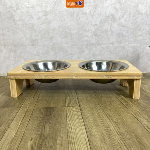 Bát ăn đôi cao cấp cho chó mèo bằng gỗ + chén Inox BFD032