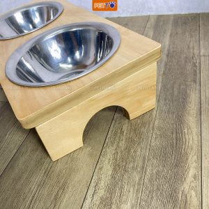 Bát ăn đôi cao cấp cho chó mèo bằng gỗ + chén Inox BFD032