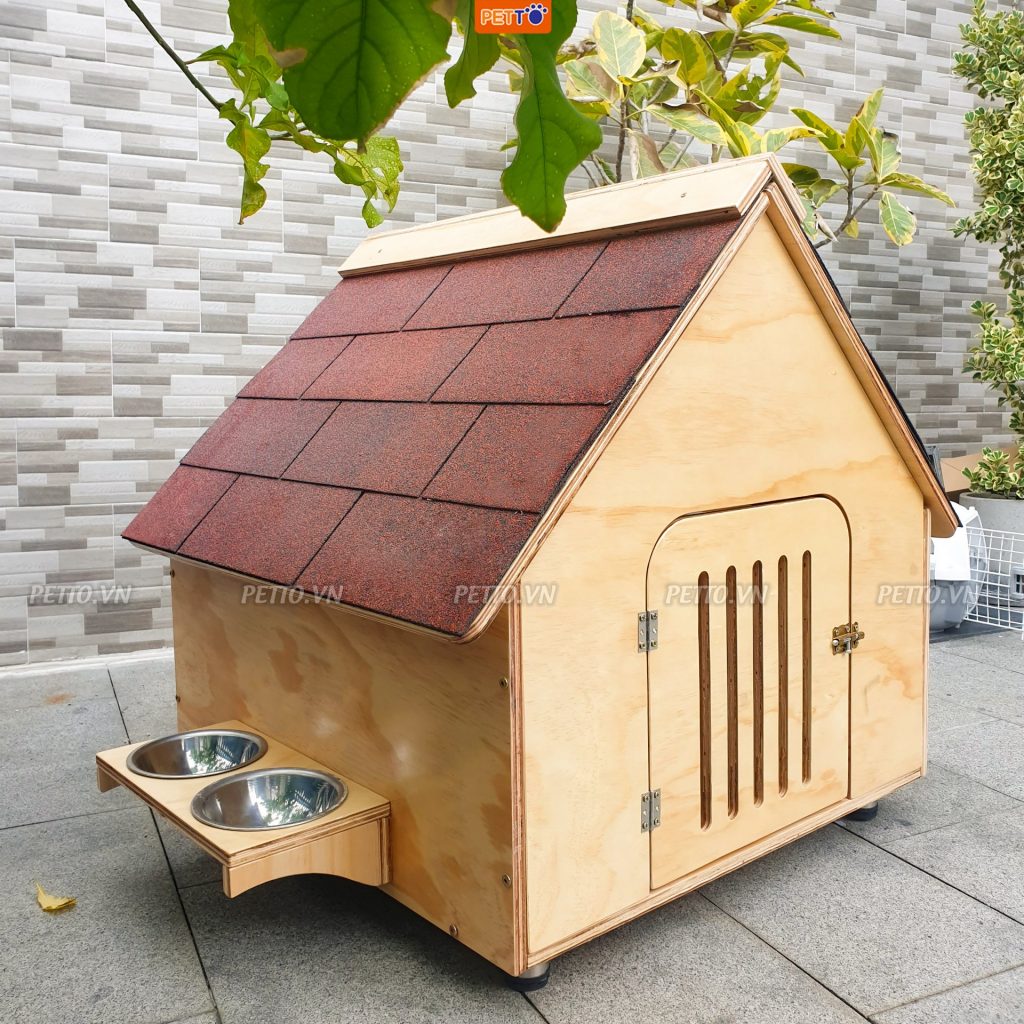 Nhà cho chó con ngoài trời bằng gỗ kèm bát ăn inox tiện lợi DH012