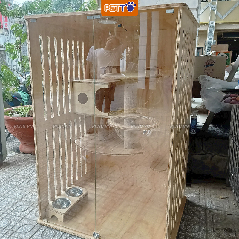 Tủ nuôi mèo PETTO bằng gỗ nhà mèo KÈM LỒNG KÍNH kết hợp vui chơi và ngủ nghỉ tiện lợi CC003 (Hàng order) (1)