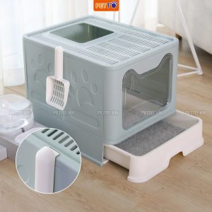 Nhà vệ sinh cho mèo có ngăn kéo khép kín chống văng cát kèm xẻng xinh xắn