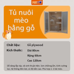 Tủ mèo bằng gỗ HIỆN ĐẠI PETTO kết hợp cửa kính cường lực trong suốt, có hệ thống ĐÈN LED CC016