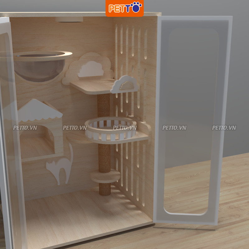 Tủ mèo bằng gỗ HIỆN ĐẠI PETTO kết hợp cửa kính cường lực trong suốt, có hệ thống ĐÈN LED CC016