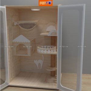 Tủ mèo bằng gỗ HIỆN ĐẠI PETTO kết hợp cửa kính cường lực trong suốt, có hệ thống ĐÈN LED CC016