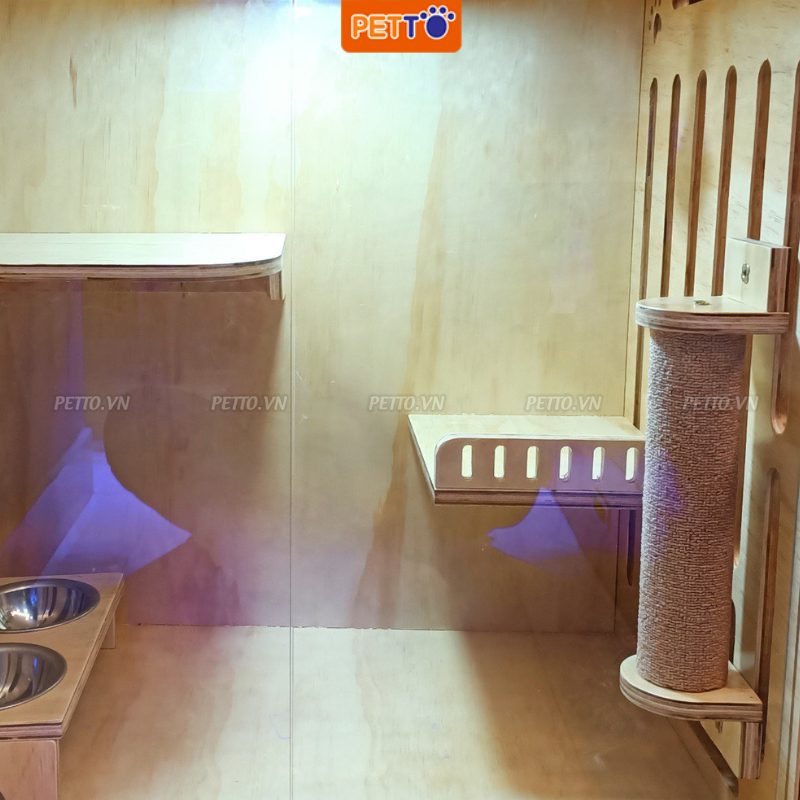 Tủ mèo bằng gỗ PETTO - nhà mèo thiết kế THÔNG MINH kèm hệ thống ĐÈN LED cao cấp, kèm bát ăn tiện lợi CC018 (2)