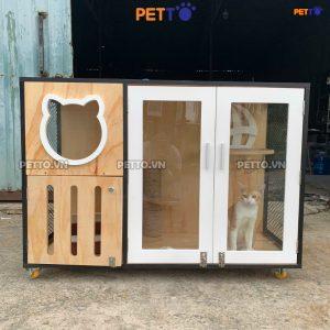 Chuồng mèo gỗ kết hợp LƯỚI MẮT CÁO có ô vệ sinh riêng CC144