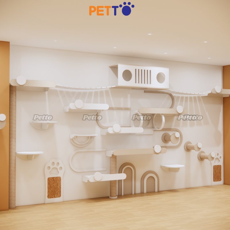 Cat tree đính tường bằng gỗ Plywood sơn màu sáng CZ035