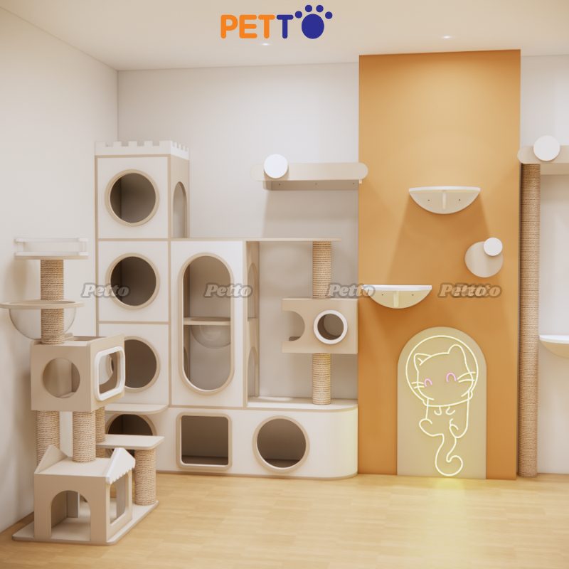 Cat tree đính tường cho phòng lớn bằng gỗ Plywood CZ035