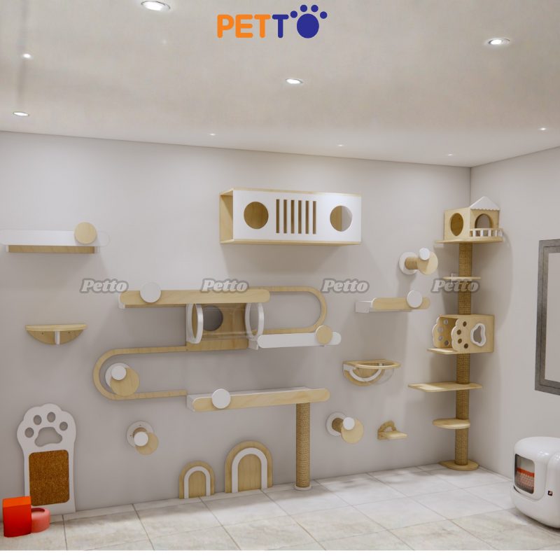 Cat tree đính tường cho phòng lớn bằng gỗ Plywood CZ036