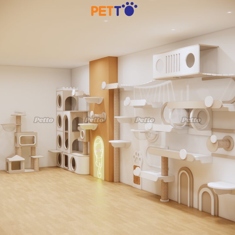 Cat tree đính tường cho phòng lớn bằng gỗ Plywood sơn màu sáng CZ035