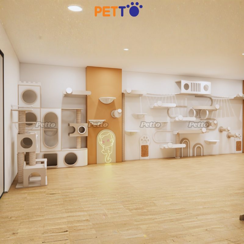 Cat tree đính tường cho phòng lớn gỗ Plywood sơn màu sáng CZ035
