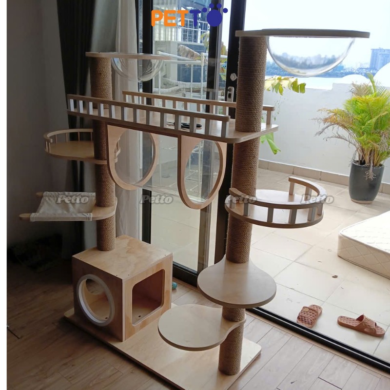 Nhà cây cho mèo bằng gỗ Plywood có võng vải CH068