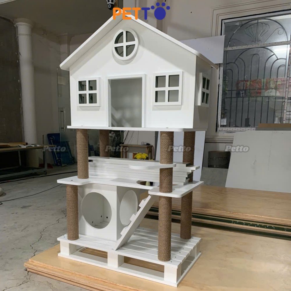 Nhà cây cho mèo bằng gỗ Plywood hình mái nhà CH060