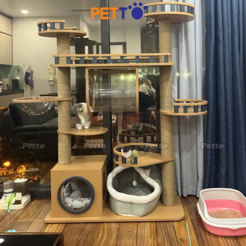 Nhà cây cho mèo bằng màu nâu đỏ gỗ Plywood CH069
