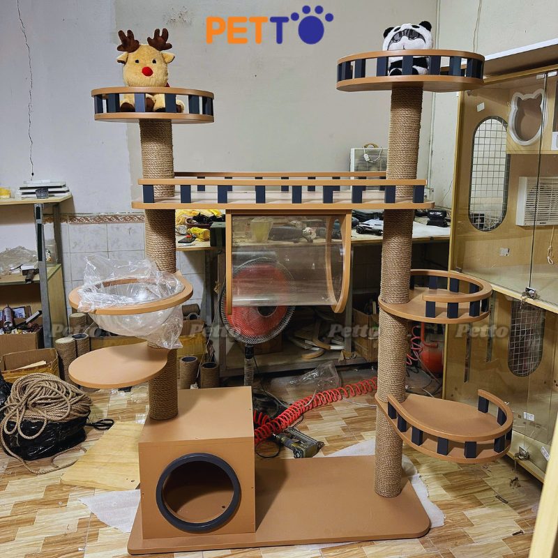 Nhà cây mèo bằng gỗ màu nâu đỏ gỗ Plywood CH069