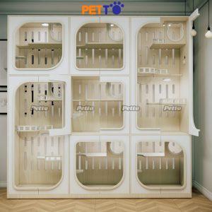 Phòng khách sạn lưu trú mèo bằng gỗ MDF 7 phòng có thể thông nhau size 2400mm * 600mm * 2400mm CC329