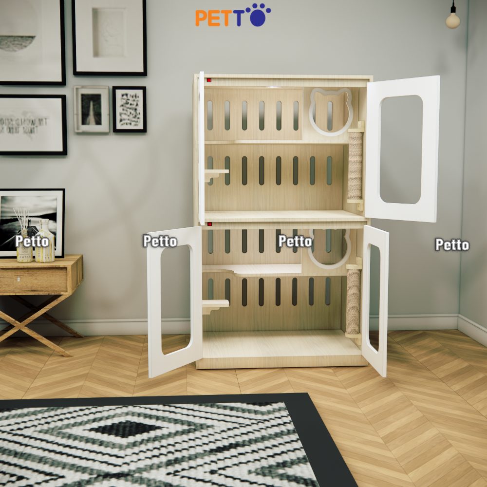 Tủ cho mèo lưu trú MDF cửa kính khung gỗ kích thướcCC320
