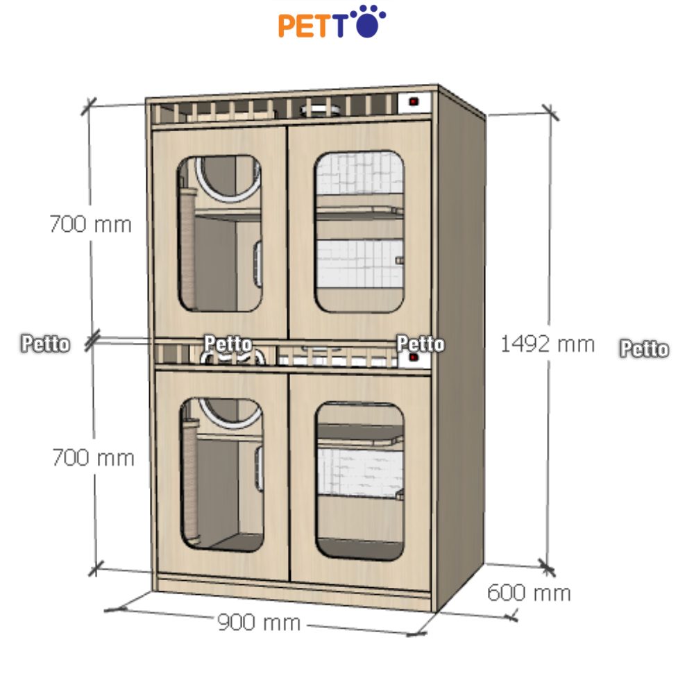 Tủ cho mèo lưu trú bằng gỗ MDF cửa lưới khung gỗ kích thước 900mm 600mm 1500mm CC321