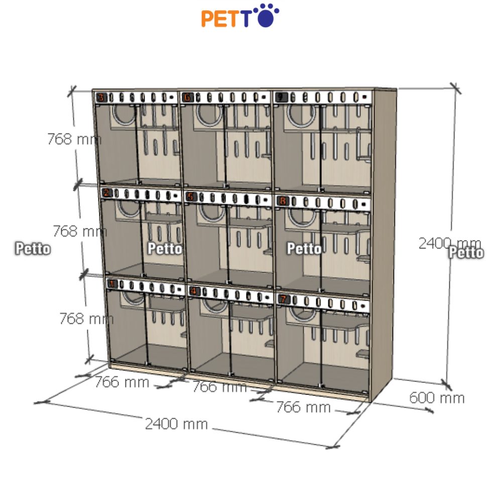 Tủ lưu trú khách sạn mèo MDF 9 phòng có thể thông nhau size 2400mm 600mm 2400mm CC325