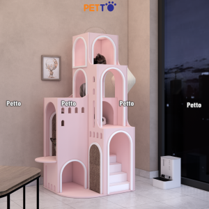 Lâu đài mèo màu hồng gỗ Plywood kích thước 860mm 750mm 2000mm CH088
