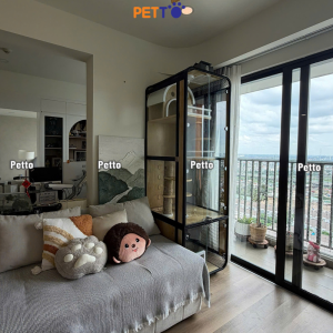 Tủ mèo sắt kết hợp gỗ Plywood và kính cường lực kích thước 700mm * 800mm * 2400 CC337