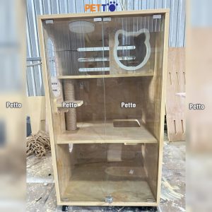 Chuồng cho mèo bằng gỗ Lux cửa kính cường lực CC363 chính diện