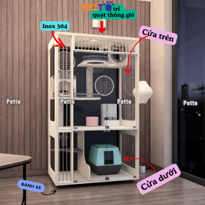 Tủ mèo gỗ Lux CC349 chú thích quạt thông gió và song chắn inox 304