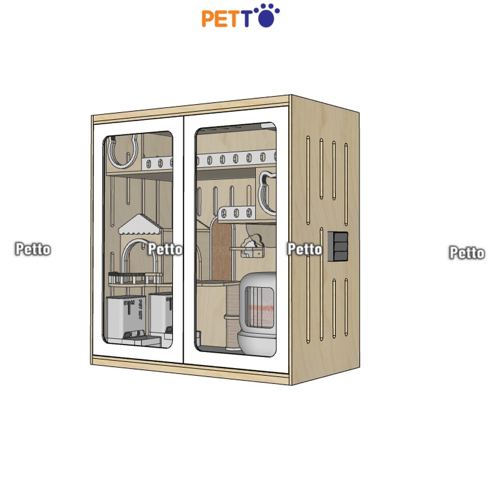 Tủ mèo gỗ Lux cửa kính khung gỗ kèm 2 quạt thông gió kích thước 1500mm * 800mm * 1580mm CC362 - đóng cửa, hông có quạt thông gió